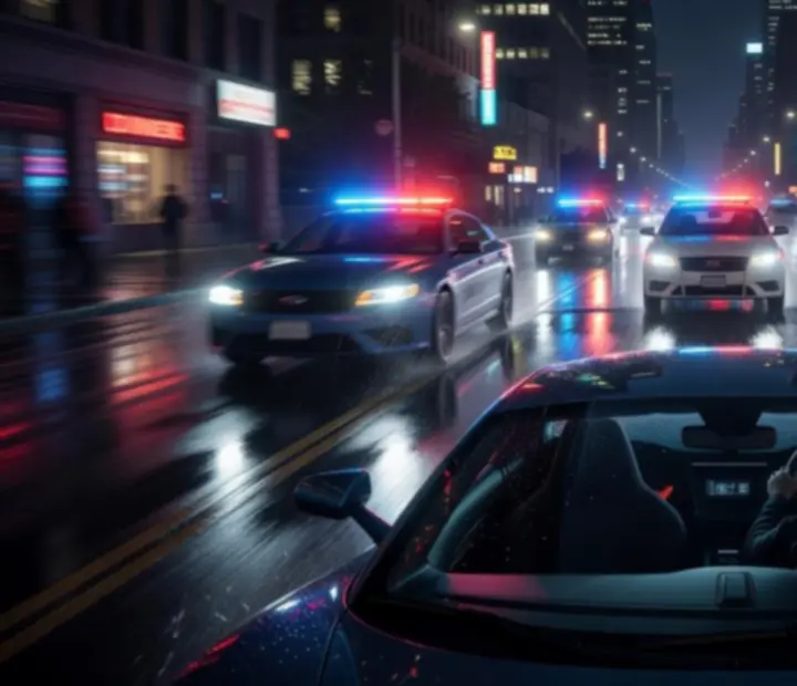 Night-time chase scene with cars weaving through city streets, representing driving and police pursuit in the game