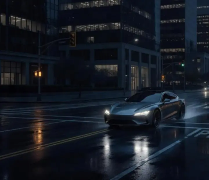 Car driving through a lit city street at night, highlighting open-world exploration