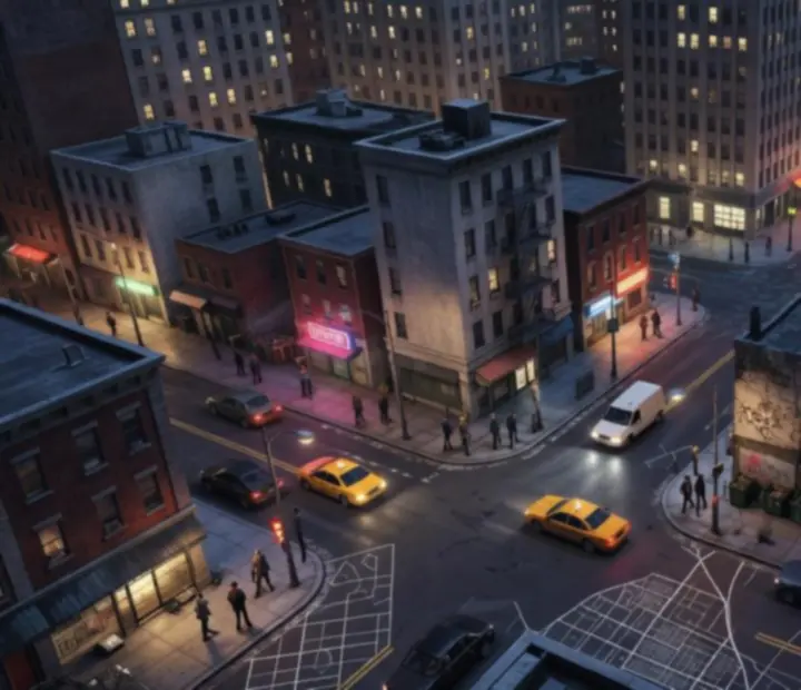 Stylized city map view showing districts, streets, and an urban grid representing the game world