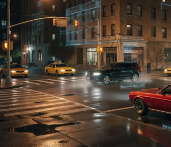Busy downtown intersection at night with multiple cars, hinting at a vehicle-rich hotspot.