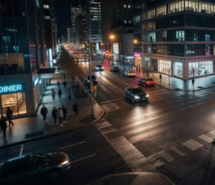Night streets of a crime-filled city with cars and high-rise buildings, evoking the urban atmosphere of Gangster Mafia War: City Crime