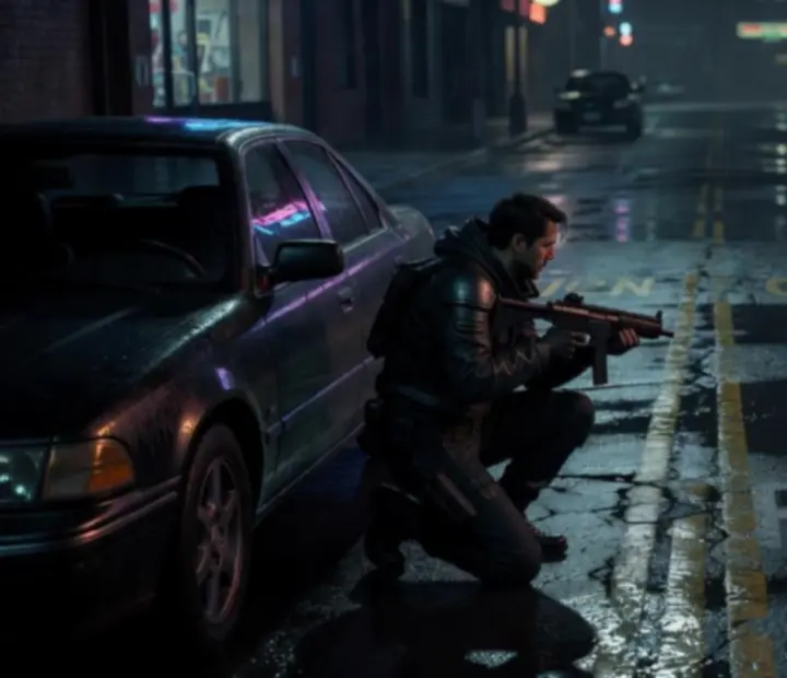 Urban combat encounter in a city street, with the player facing armed opponents in Gangster Mafia War: City Crime