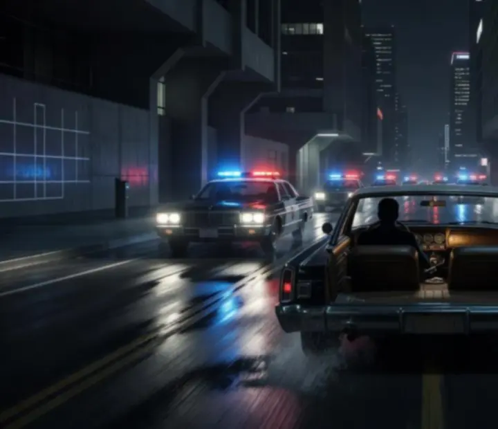 Police cars chasing a vehicle through an urban street in an action sequence