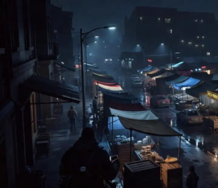 Night-time mission location in Gangster Mafia War: City Crime, with neon-lit avenues and dense buildings