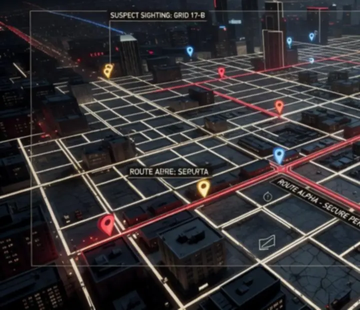 Mission selection view of a city map for Gangster Mafia War: City Crime, showing icons and routes across urban blocks.