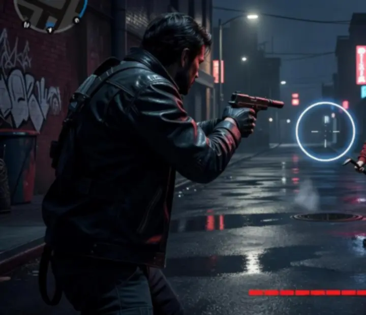 Combat HUD in Gangster Mafia War: City Crime showing aim assist and action buttons