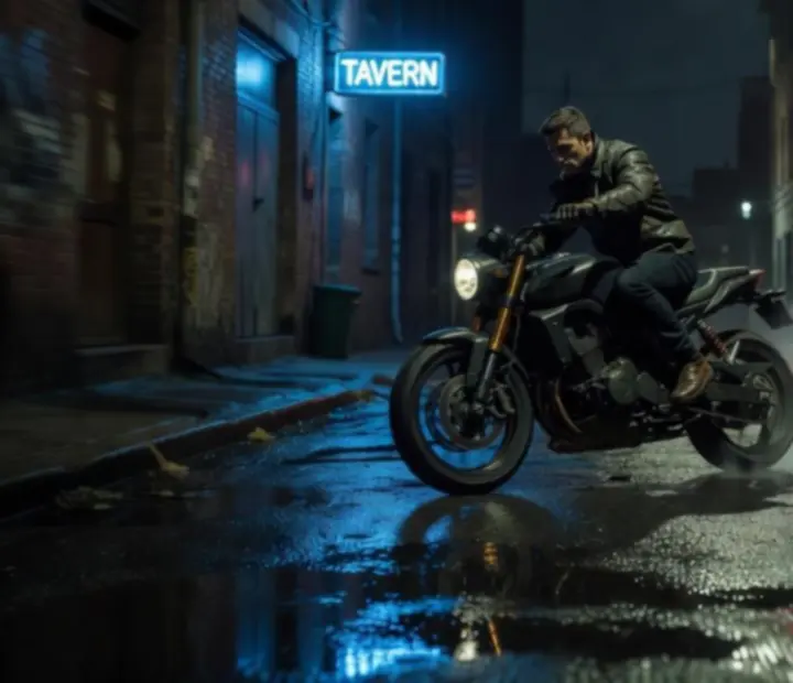 Rider on a motorcycle speeding through a narrow neon-lit alley at night.