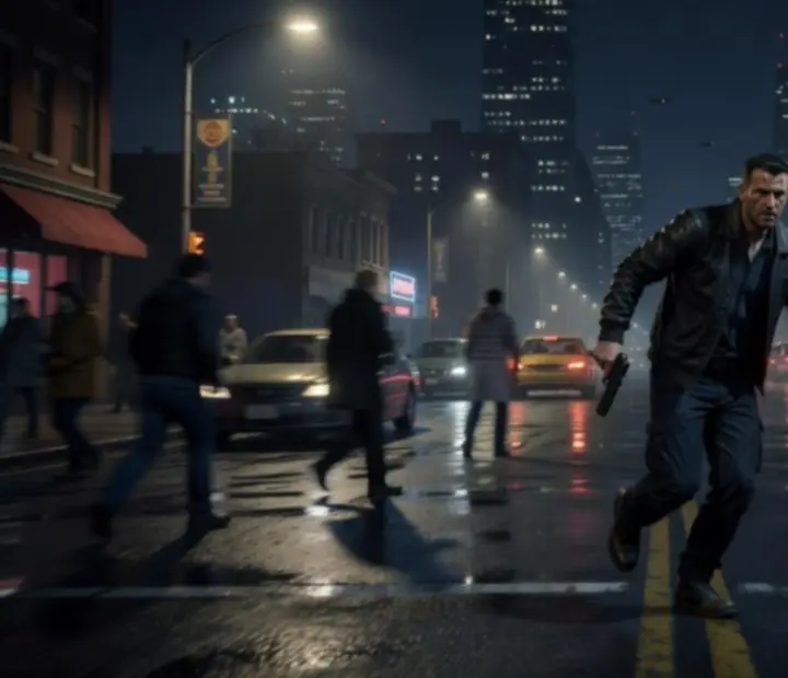 Night-time city street scene with cars and neon lighting, illustrating the urban action setting of Gangster Mafia War: City Crime.