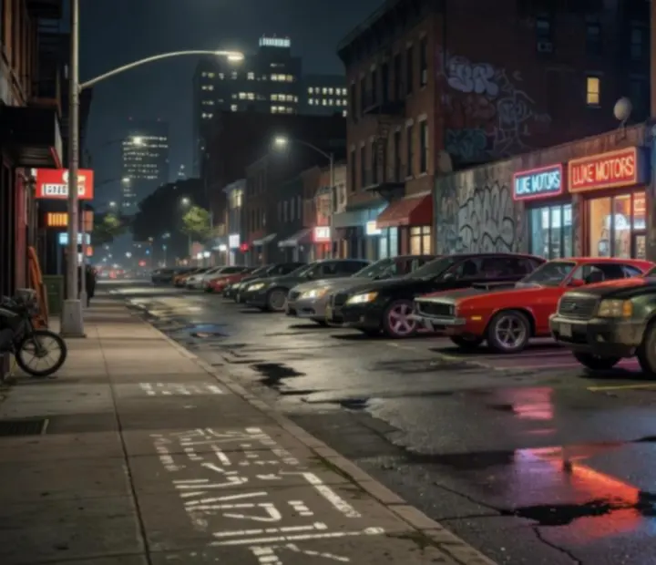 Nighttime city street lined with various cars under neon signage, representing the in-game vehicle showroom experience.