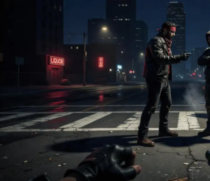 A dramatic story mission moment in Gangster Mafia War: City Crime, showing a tense encounter in the city